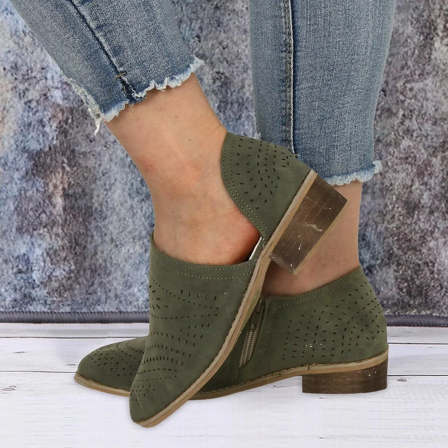 Ankle Boots for Women Casual Slip On Loafers Pointed Toe Chunky Block Low Heel Shoes Cut out Office Dress Casual Booties