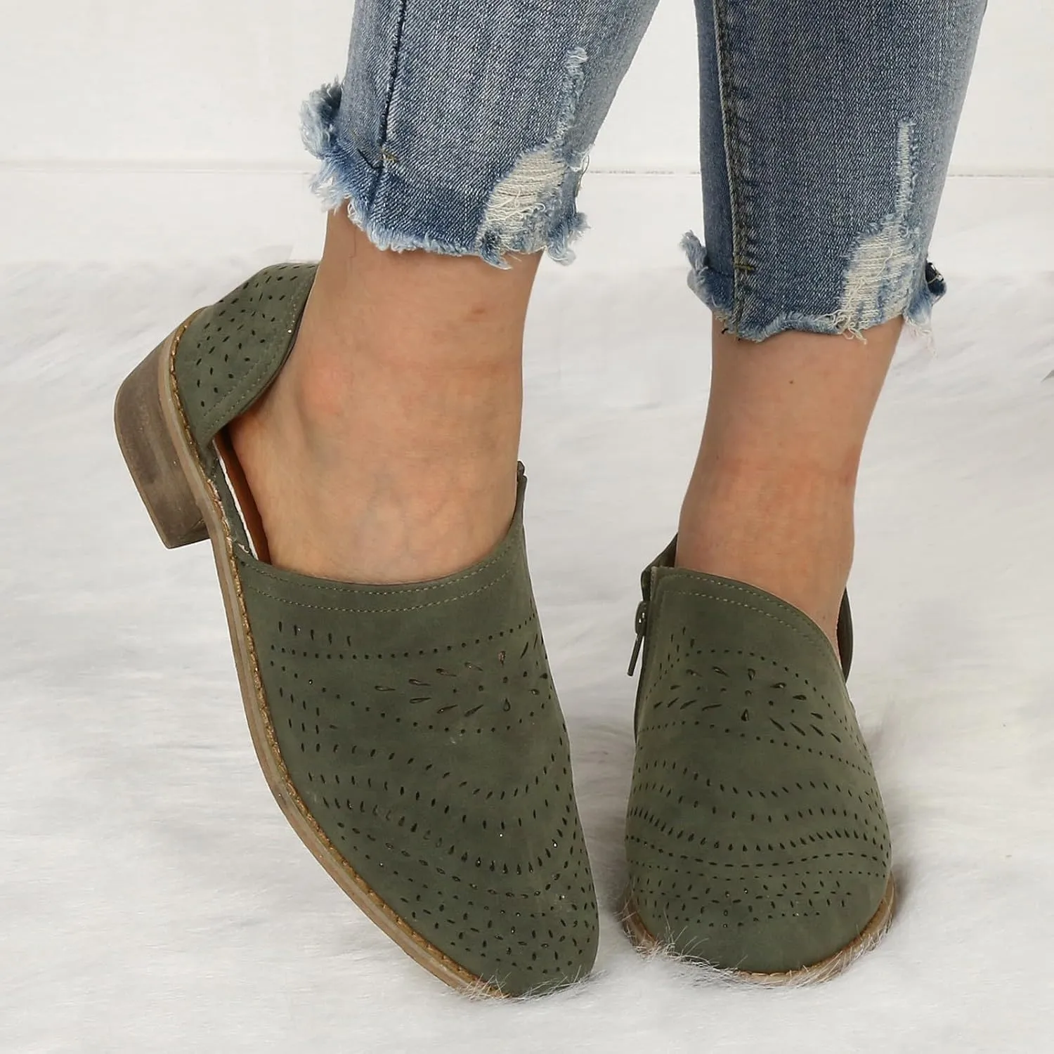 Ankle Boots for Women Casual Slip On Loafers Pointed Toe Chunky Block Low Heel Shoes Cut out Office Dress Casual Booties