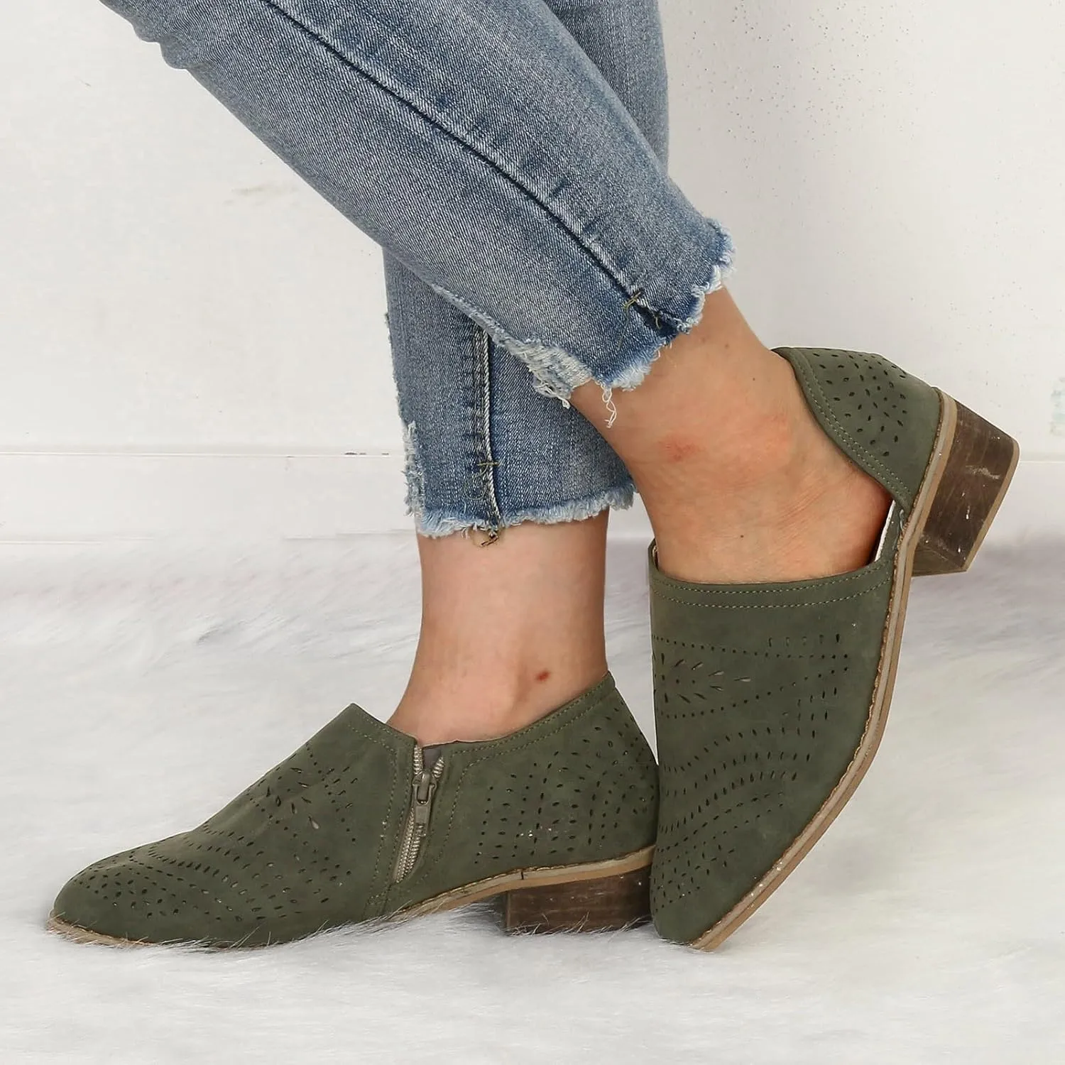Ankle Boots for Women Casual Slip On Loafers Pointed Toe Chunky Block Low Heel Shoes Cut out Office Dress Casual Booties