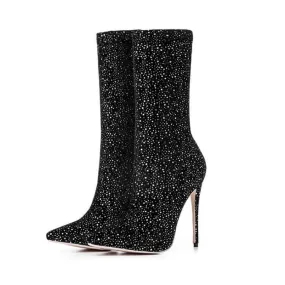 Black High Heel Suede Polka Dots Calf Boots