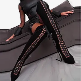 Black Over Knee Strappy Cutout Boots