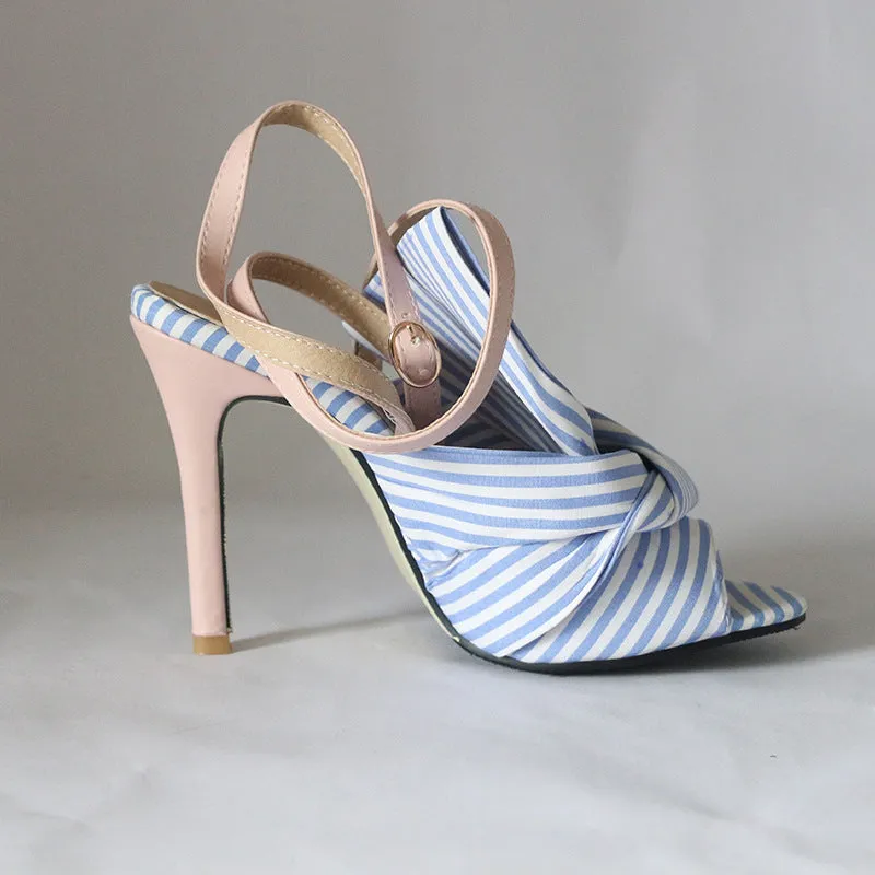 Bow One Line Striped Color Matching Fashion High Heel Fish Mouth Sandals