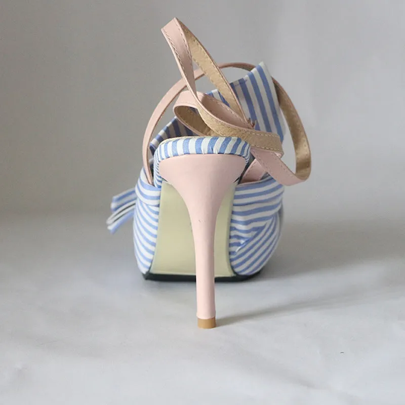Bow One Line Striped Color Matching Fashion High Heel Fish Mouth Sandals