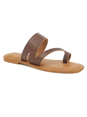 Brown Croc Print One Toe Flat Sandal