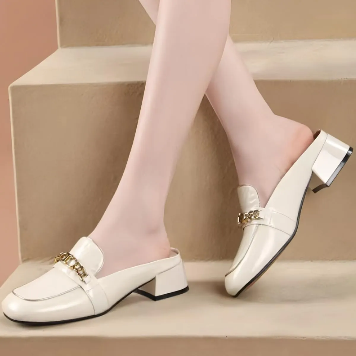 Chic Women's Pumps Closed-Toe Chunky Low-Heel Genuine Leather Mules Dress Shoes for Office Work with Comfort