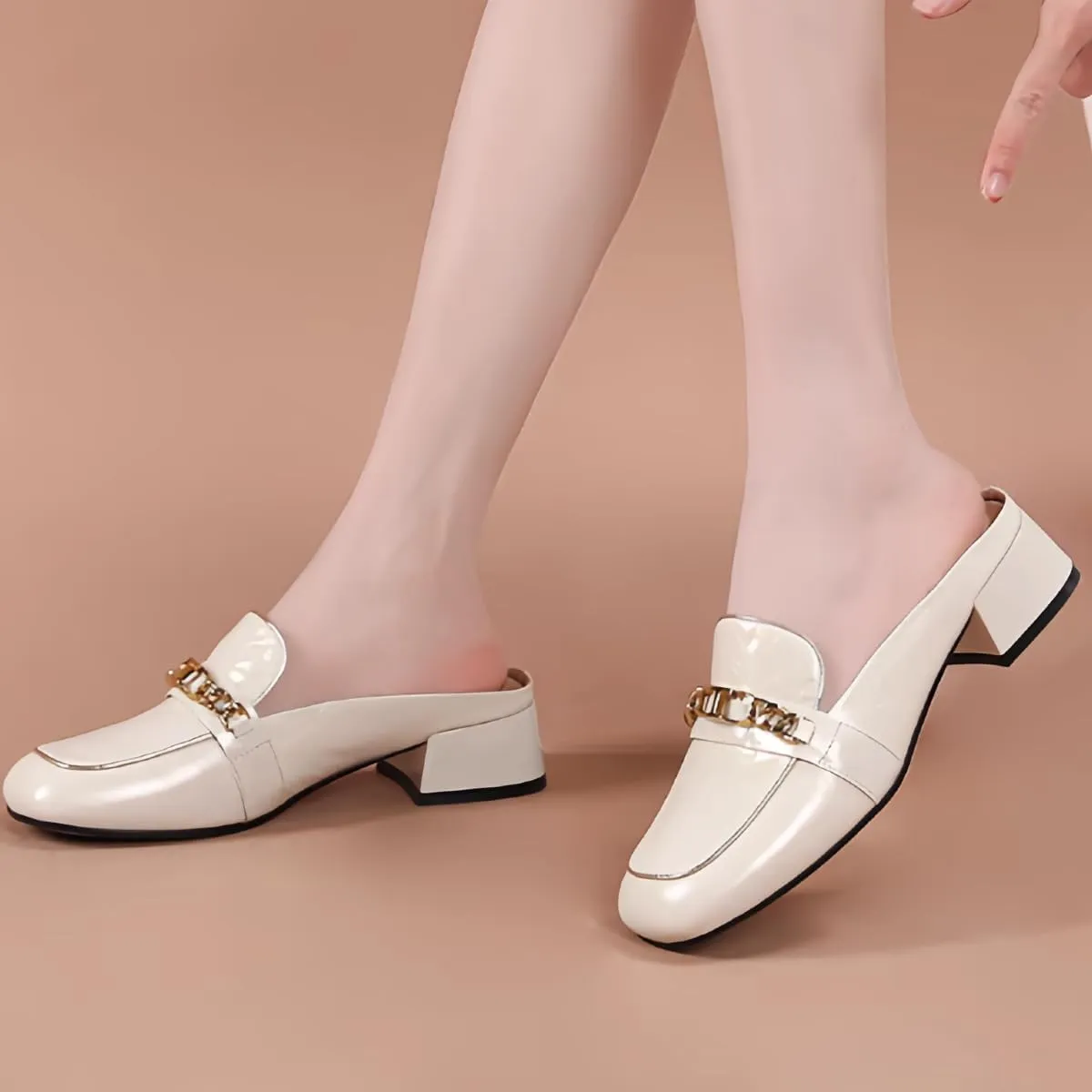 Chic Women's Pumps Closed-Toe Chunky Low-Heel Genuine Leather Mules Dress Shoes for Office Work with Comfort