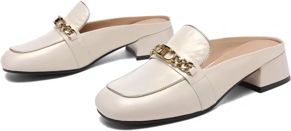 Chic Women's Pumps Closed-Toe Chunky Low-Heel Genuine Leather Mules Dress Shoes for Office Work with Comfort