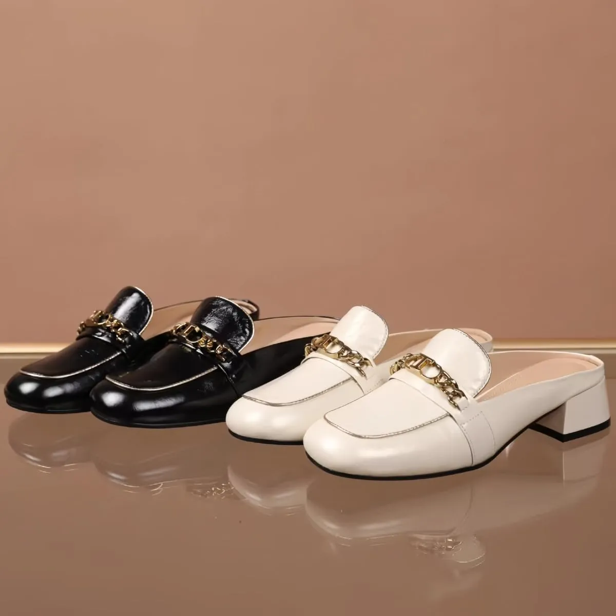 Chic Women's Pumps Closed-Toe Chunky Low-Heel Genuine Leather Mules Dress Shoes for Office Work with Comfort