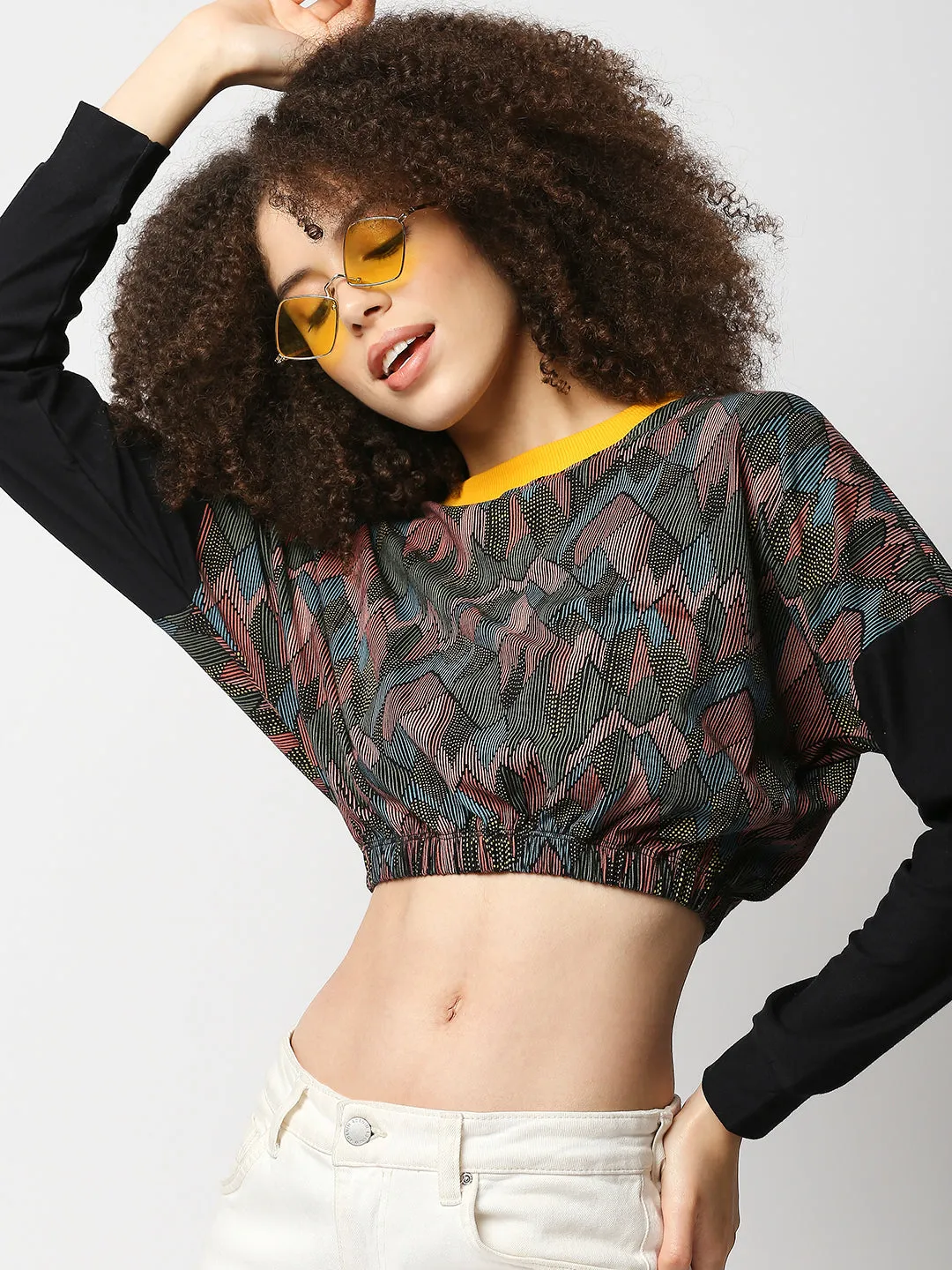 Disrupt Women Black Printed Drop Shoulder Boxy Crop T-shirt for Women