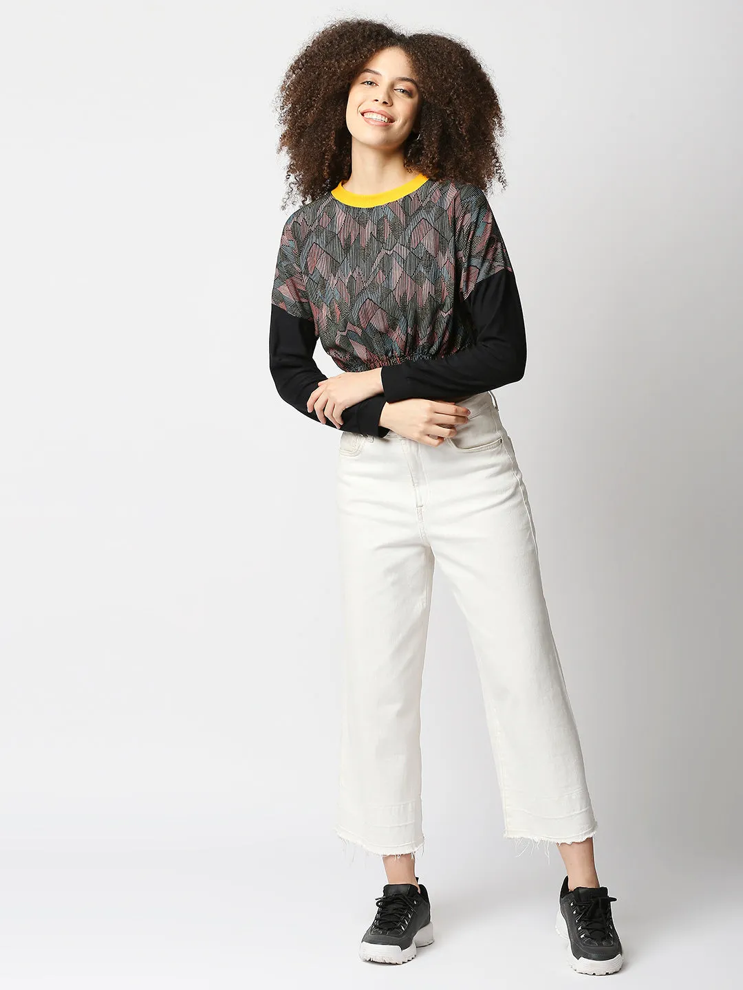 Disrupt Women Black Printed Drop Shoulder Boxy Crop T-shirt for Women