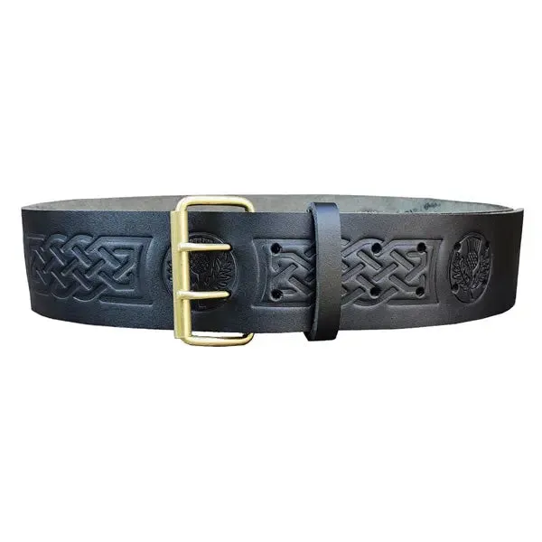 Double Prong Thistle Embossed Black Leather Kilt Belt