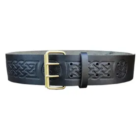 Double Prong Thistle Embossed Black Leather Kilt Belt