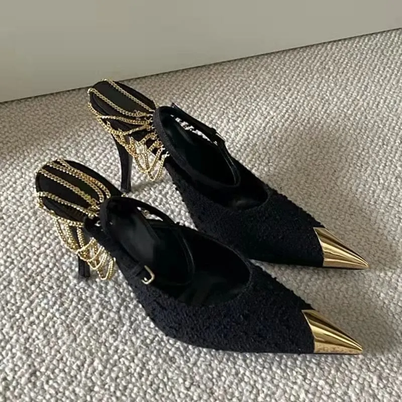 Elegant Pointed toe Ankle Strap Star style Fashion Metal Chains Party High Heels