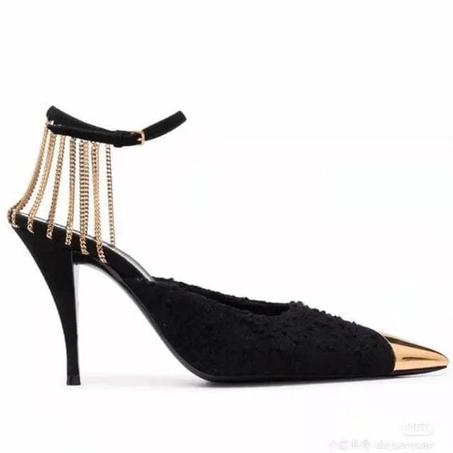 Elegant Pointed toe Ankle Strap Star style Fashion Metal Chains Party High Heels