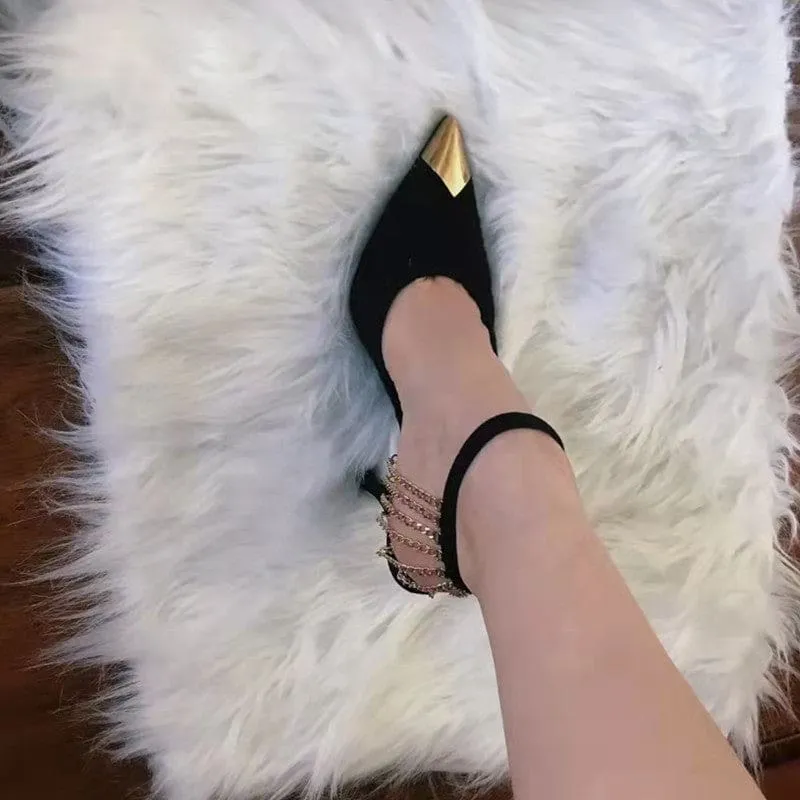 Elegant Pointed toe Ankle Strap Star style Fashion Metal Chains Party High Heels