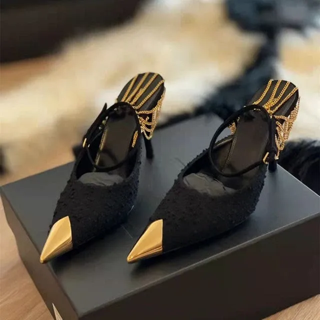 Elegant Pointed toe Ankle Strap Star style Fashion Metal Chains Party High Heels