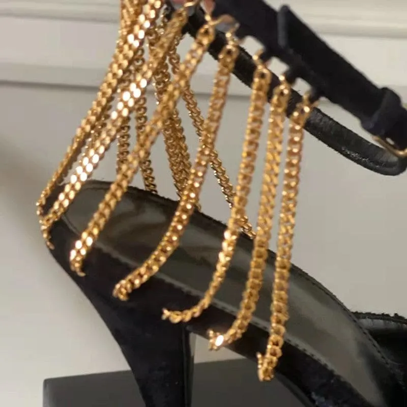 Elegant Pointed toe Ankle Strap Star style Fashion Metal Chains Party High Heels