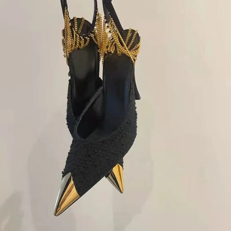 Elegant Pointed toe Ankle Strap Star style Fashion Metal Chains Party High Heels