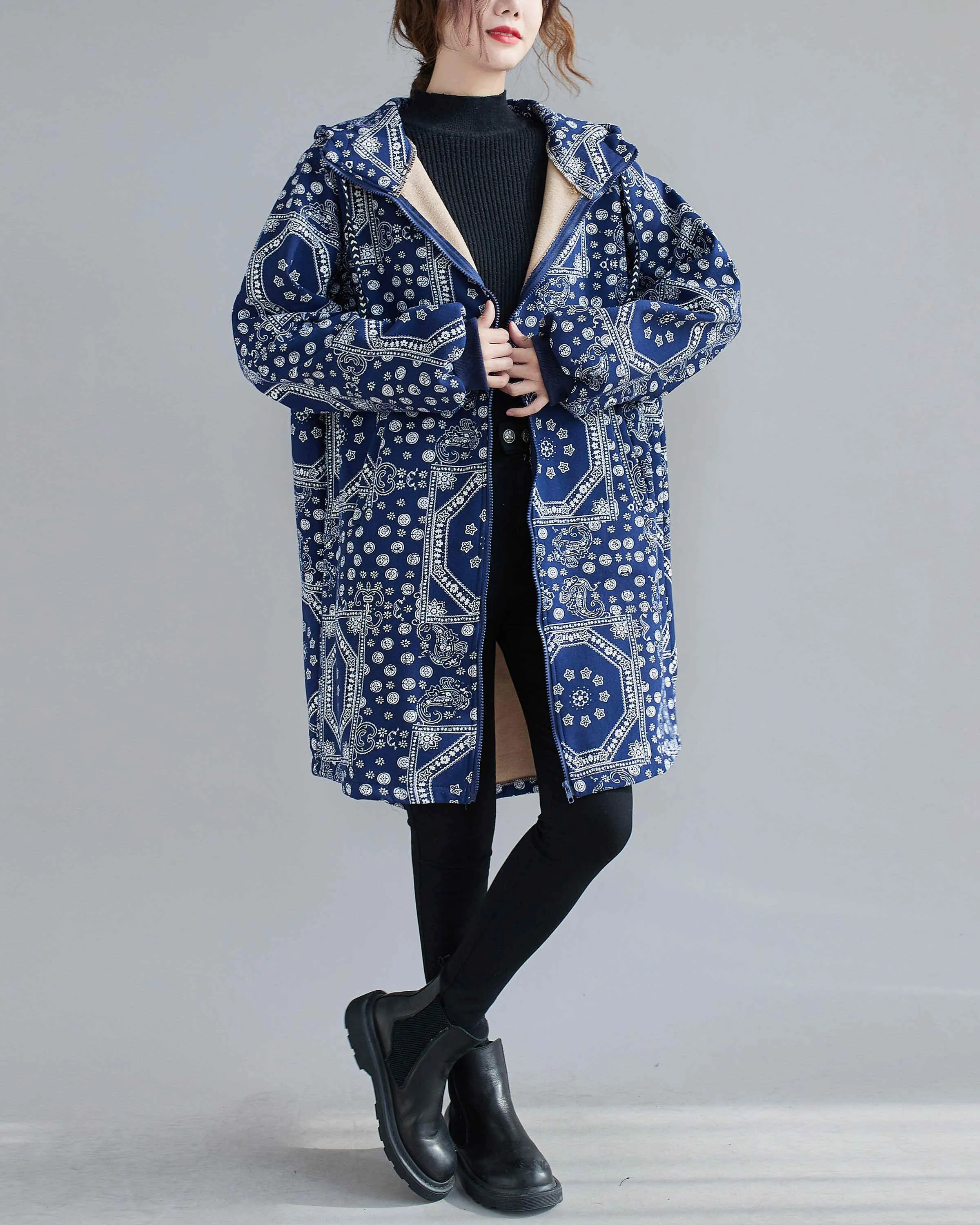 ellazhu Women Zip-up Patterned Hoodie Pocket Jacket Coat Outwear GA2444