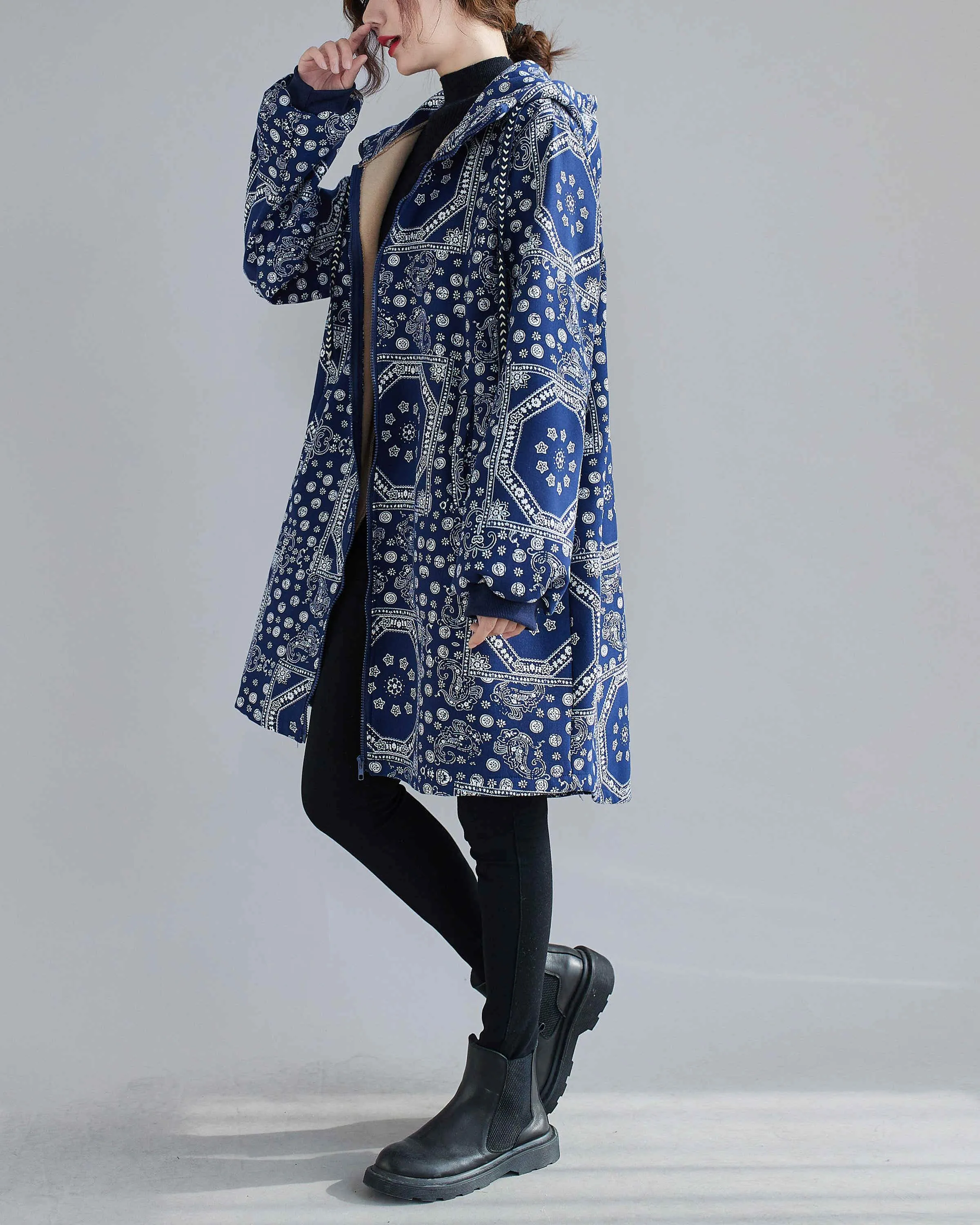 ellazhu Women Zip-up Patterned Hoodie Pocket Jacket Coat Outwear GA2444