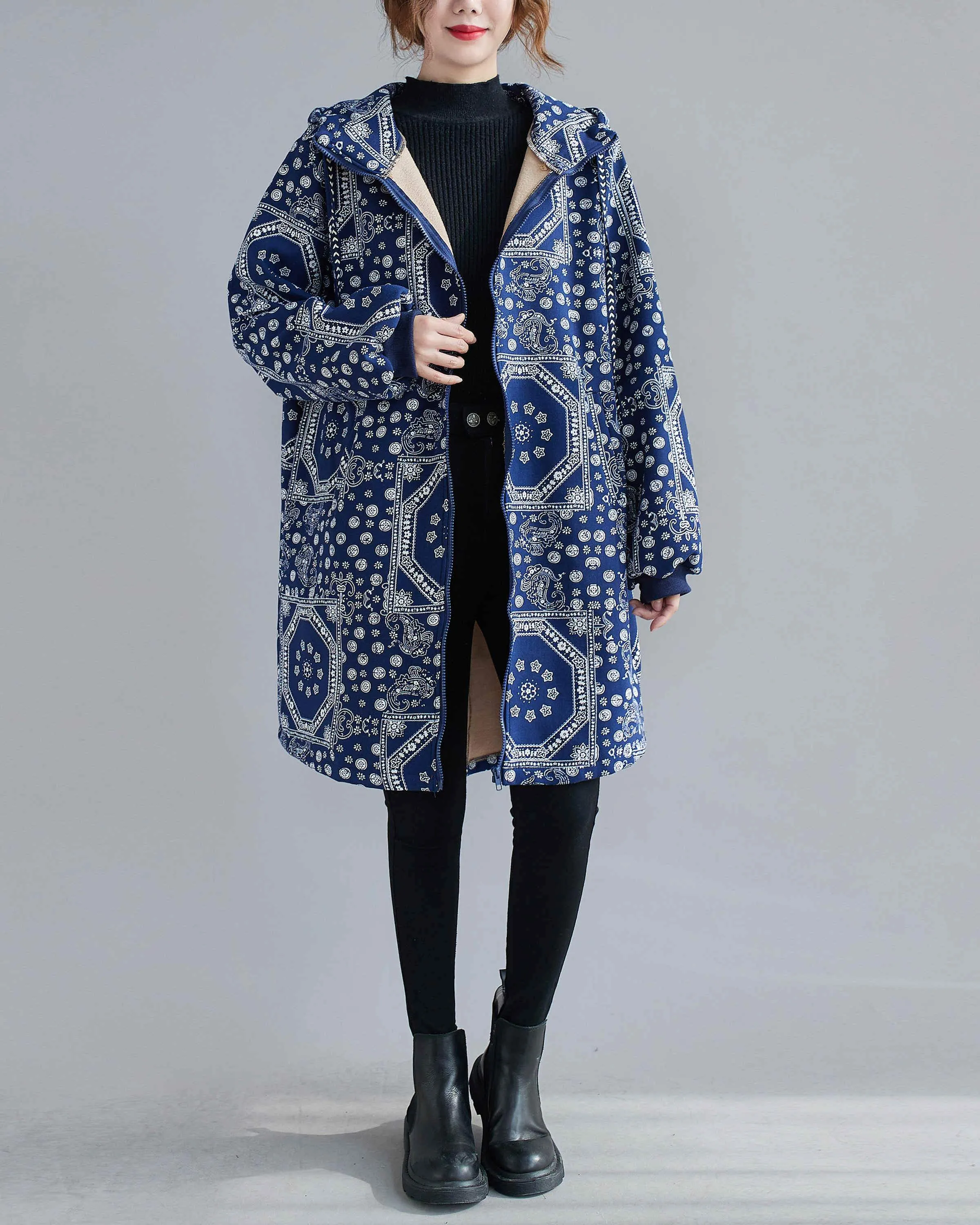ellazhu Women Zip-up Patterned Hoodie Pocket Jacket Coat Outwear GA2444