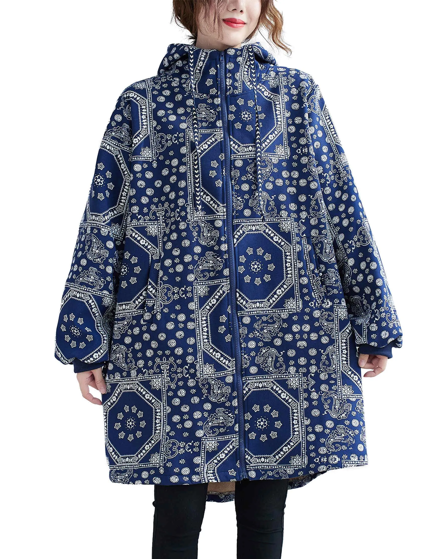 ellazhu Women Zip-up Patterned Hoodie Pocket Jacket Coat Outwear GA2444