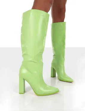 Far Away Lime Grain PU Square Toe Knee High Boots