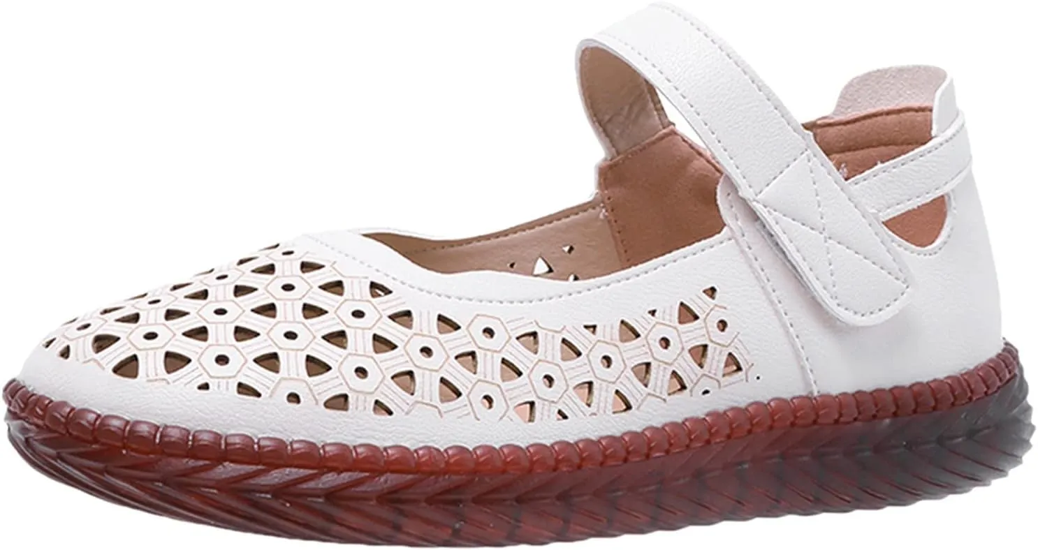 Fashion Summer Women Casual Shoes Flat Soft Bottom Hollow Breathable Hook Loop Womens Casual Wide Width Flat Shoes (Beige, 6.5)