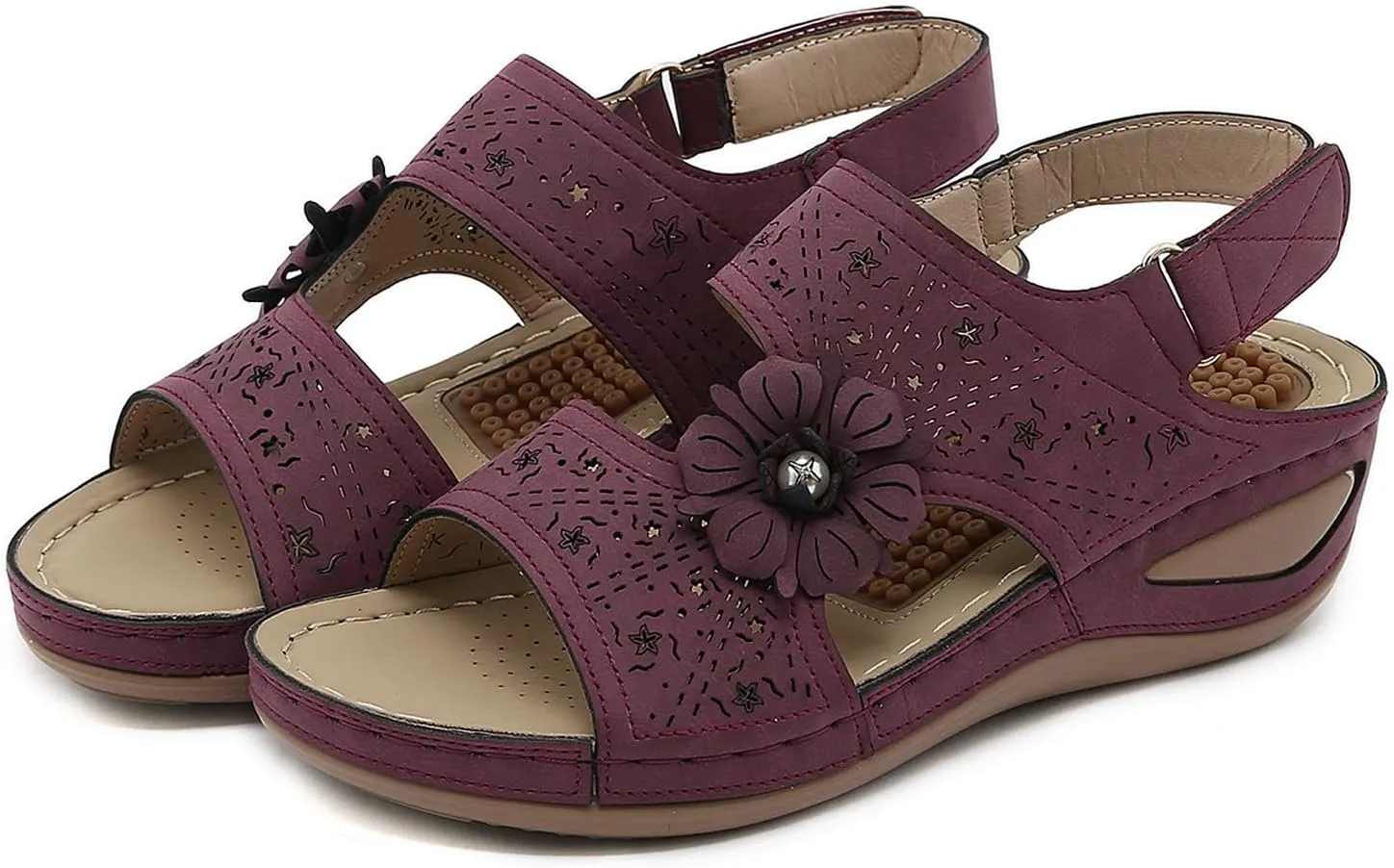 Fashion Women Flowers Casual Open Toe Wedges Massage Soft Bottom Breathable Hook Loop Shoes Sandals Women
