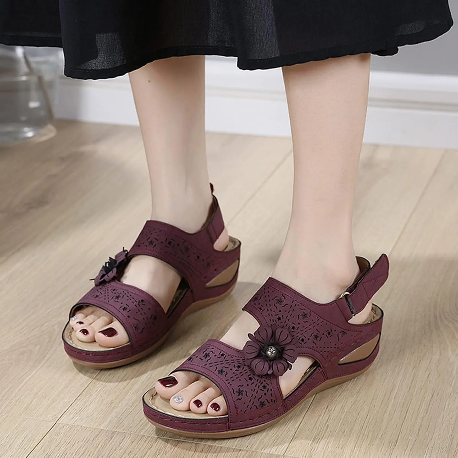 Fashion Women Flowers Casual Open Toe Wedges Massage Soft Bottom Breathable Hook Loop Shoes Sandals Women