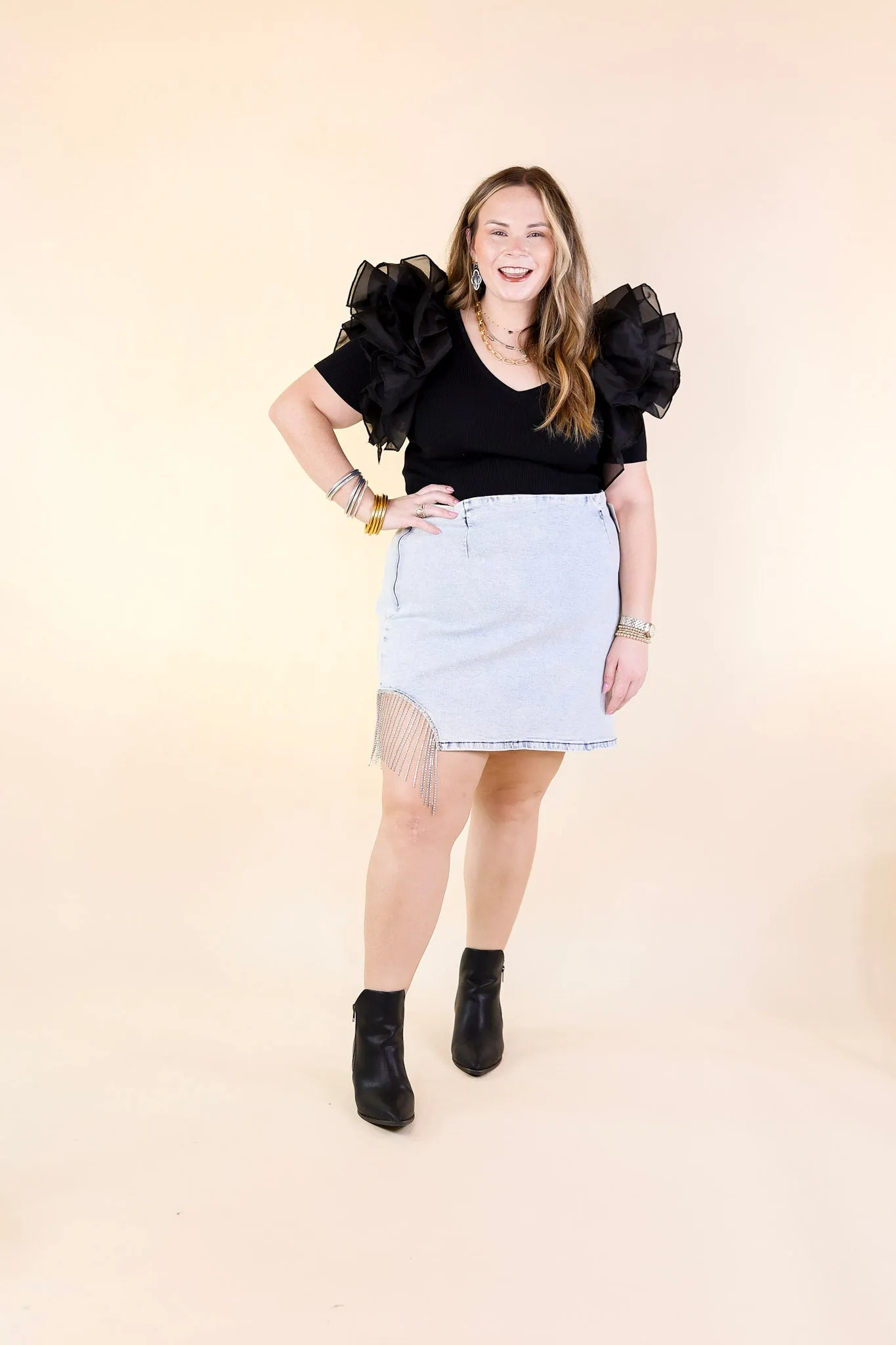 Grandest Moments Denim Mini Skirt with Crystal Fringe in Light Wash