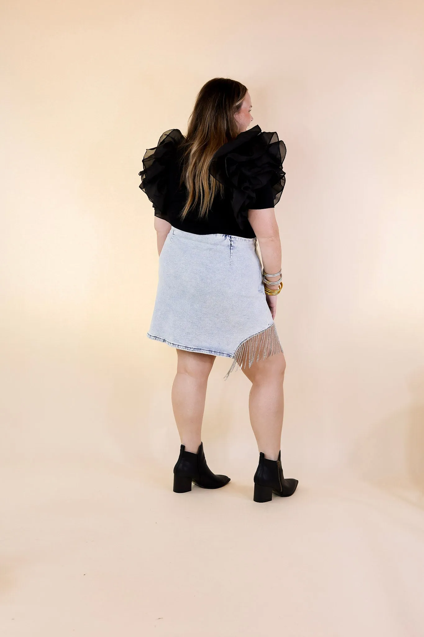 Grandest Moments Denim Mini Skirt with Crystal Fringe in Light Wash