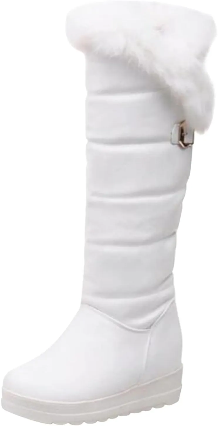 hlysgo Warm Winter Women Knee High Snow Boots Waterproof Faux Fur Lined Fleece Fuzzy Casual Booties