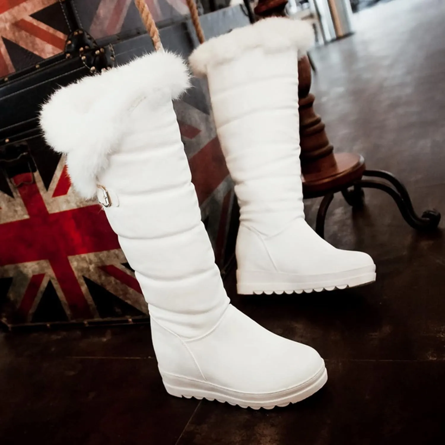 hlysgo Warm Winter Women Knee High Snow Boots Waterproof Faux Fur Lined Fleece Fuzzy Casual Booties