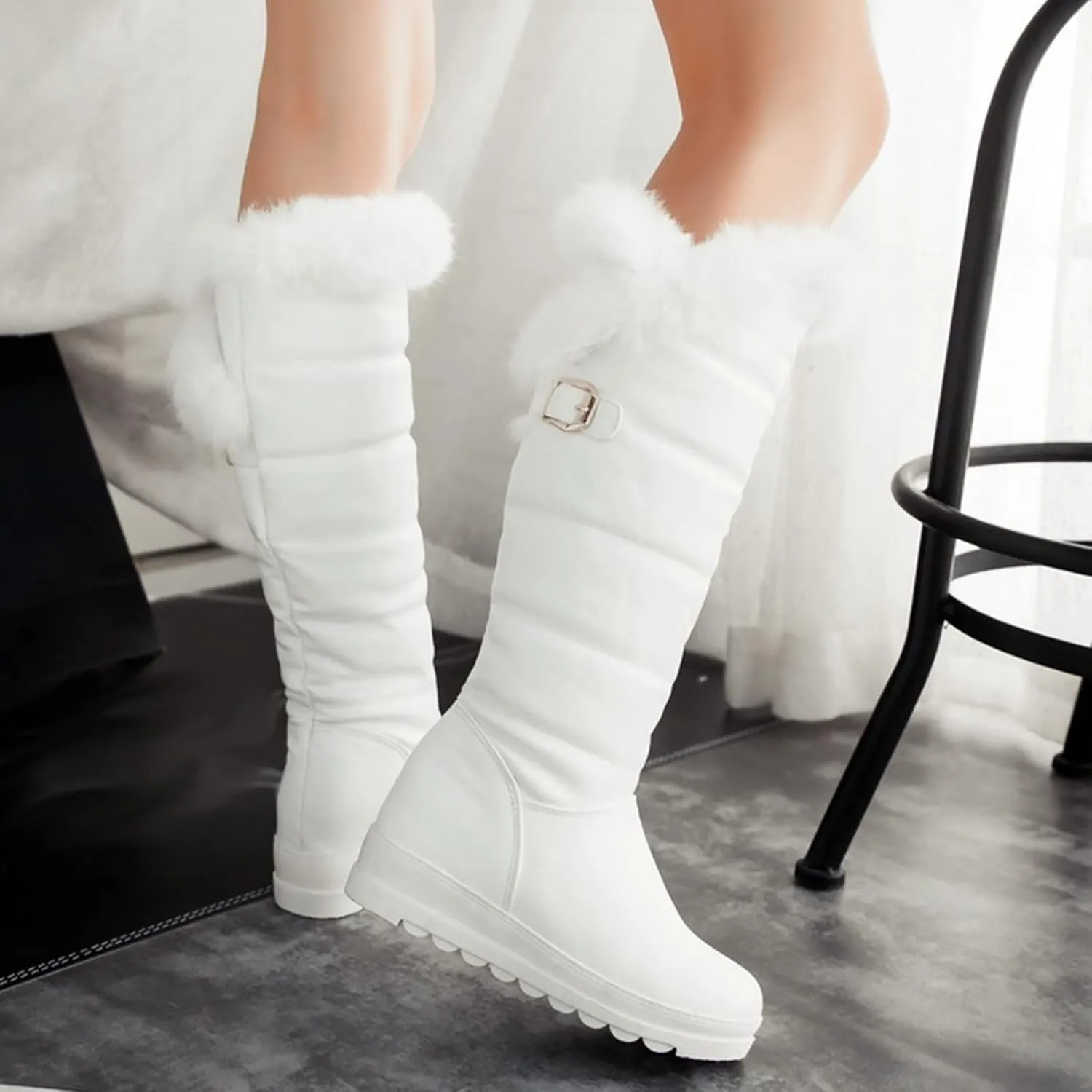 hlysgo Warm Winter Women Knee High Snow Boots Waterproof Faux Fur Lined Fleece Fuzzy Casual Booties