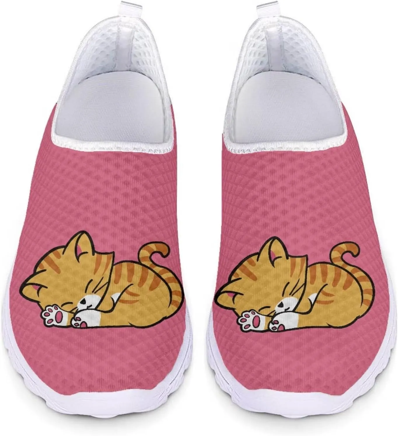 HUIACONG Yellow Cat Women Running Shoes Pink Cute Ladies Slip On Trainer Size 11.5 Breathable Flat for Teen Girls Breathable Lightweight Sneaker for Gym Climbing