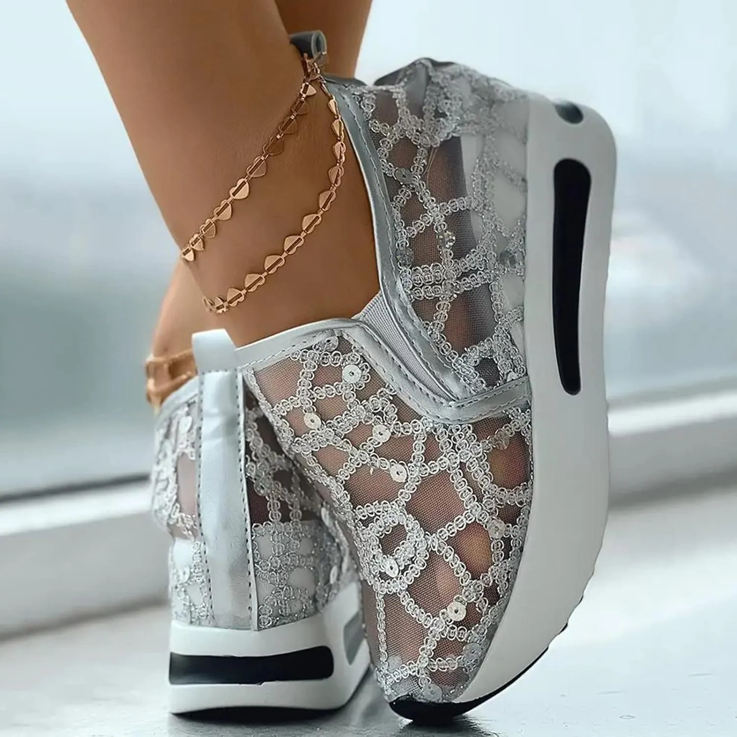 Ladies Fashion Breathable Knitted Mesh Pointed Flat Bottomed Casual Single Shoes Sandals with Heel Women