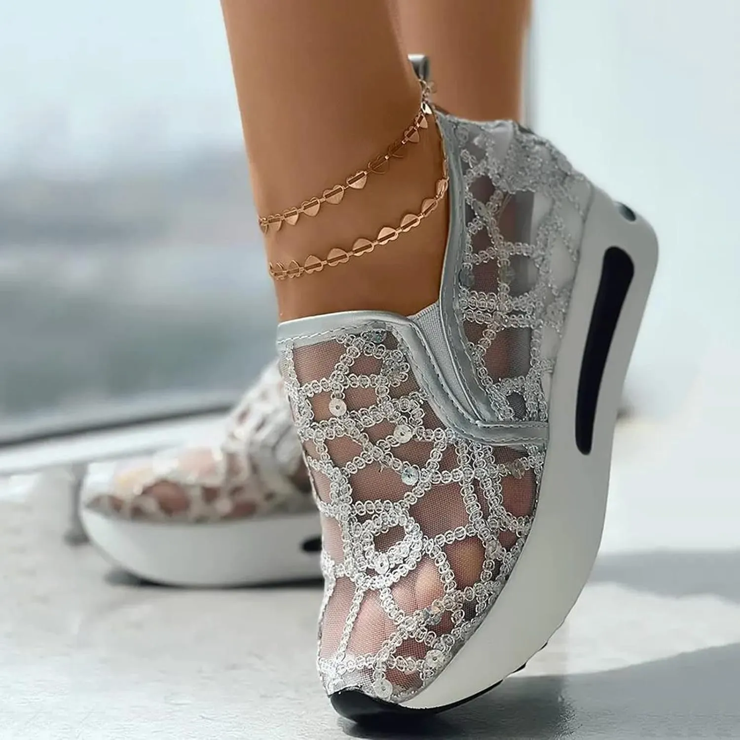 Ladies Fashion Breathable Knitted Mesh Pointed Flat Bottomed Casual Single Shoes Sandals with Heel Women