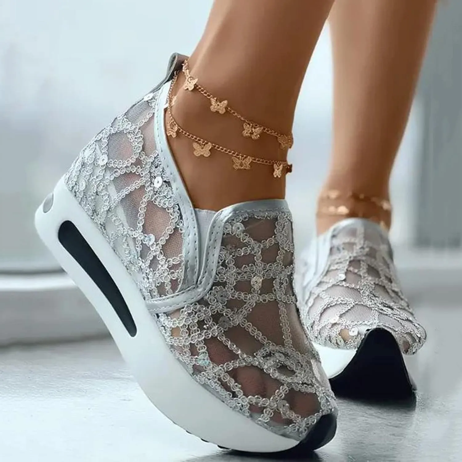 Ladies Fashion Breathable Knitted Mesh Pointed Flat Bottomed Casual Single Shoes Sandals with Heel Women