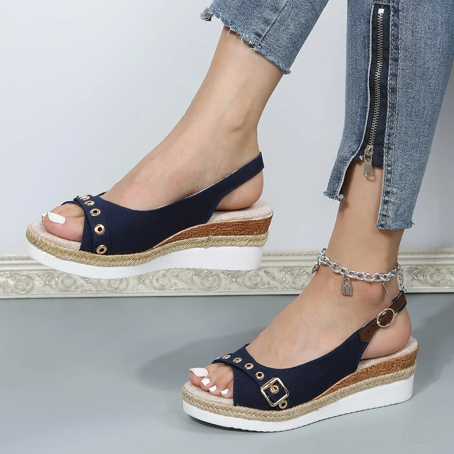 Ladies Shoes Fashion Solid Color Canvas Open Toe Belt Decorative Thick Sole Slope Heel Sandals Womens Sandals
