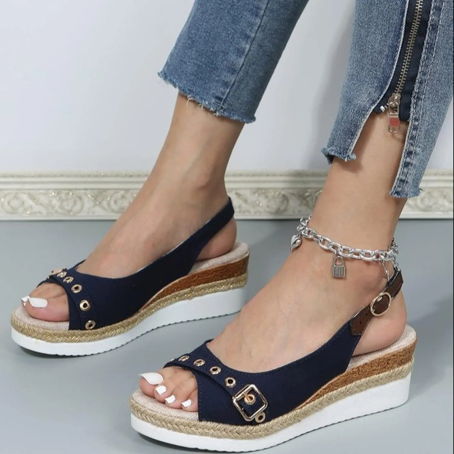 Ladies Shoes Fashion Solid Color Canvas Open Toe Belt Decorative Thick Sole Slope Heel Sandals Womens Sandals