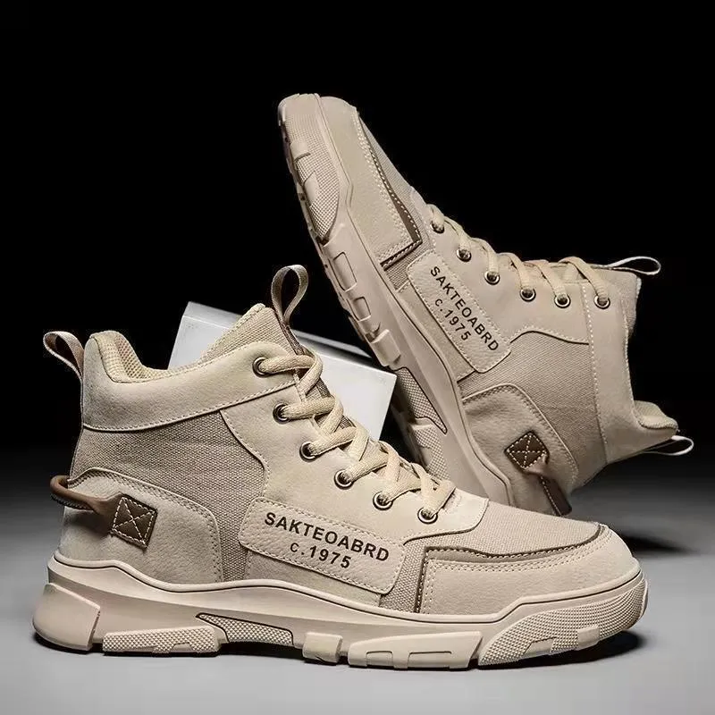 Men's Lace-up Canvas Ankle Boots with Suede Stitching