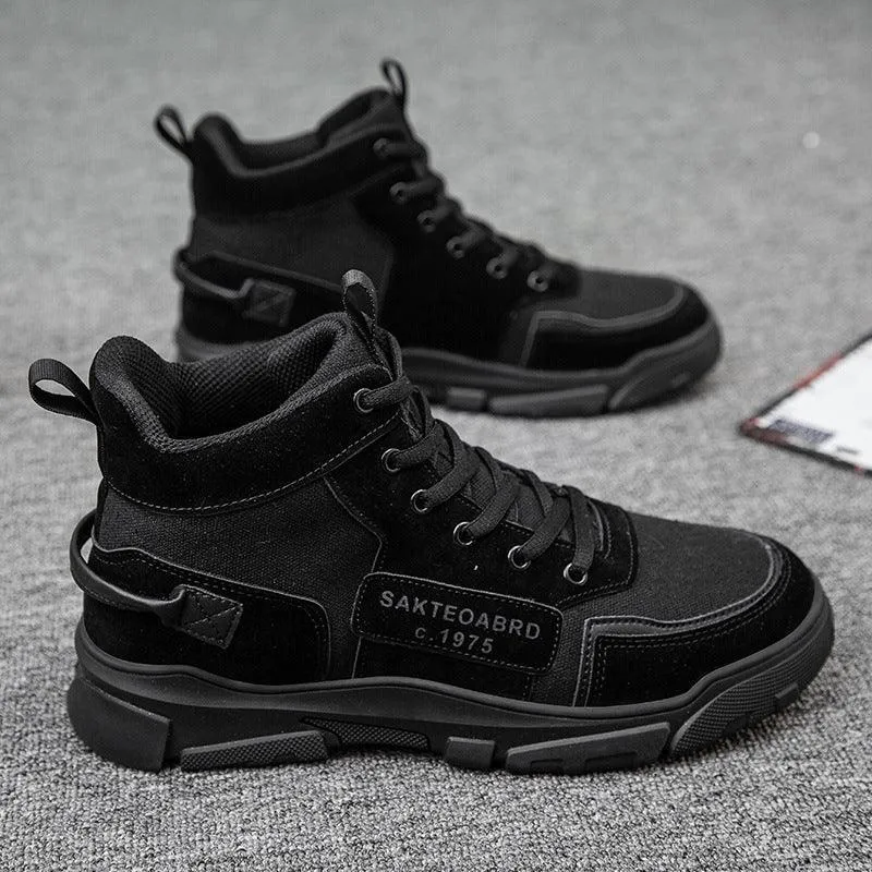 Men's Lace-up Canvas Ankle Boots with Suede Stitching