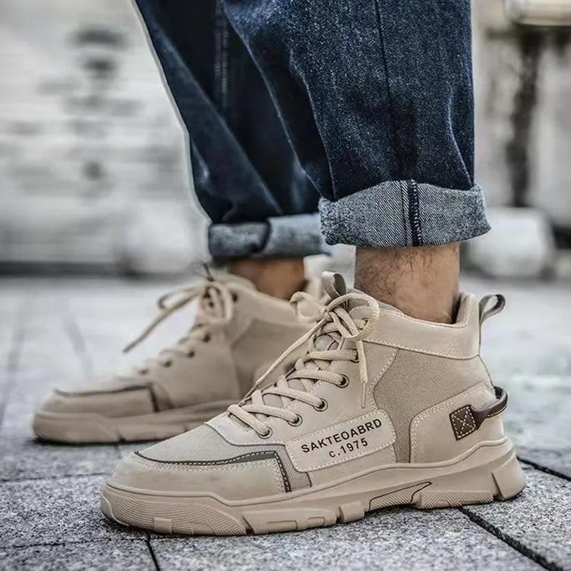 Men's Lace-up Canvas Ankle Boots with Suede Stitching