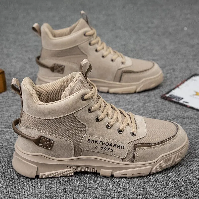 Men's Lace-up Canvas Ankle Boots with Suede Stitching