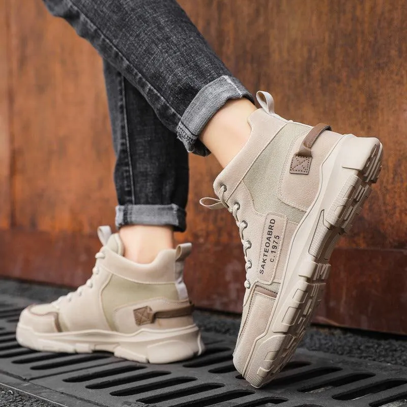 Men's Lace-up Canvas Ankle Boots with Suede Stitching