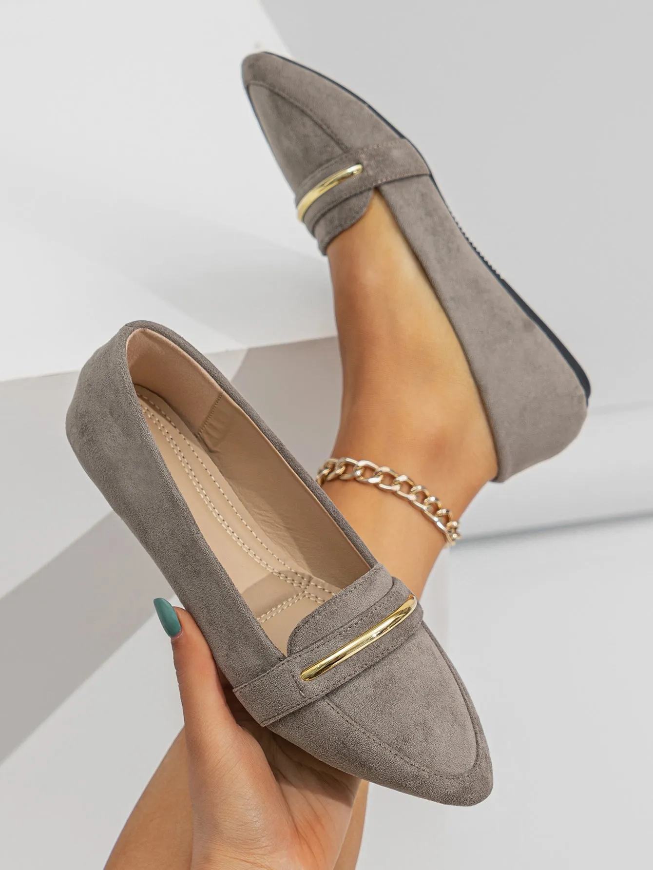 Metallic Decor Suedette Loafers, Blue Elegant Solid Color Loafers Made Of Pure Metal
