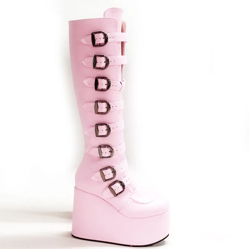 MOMO GOTHIC MARTINA BELT BUCKLE PUNK WEDGED PLATFORM BOOTIES