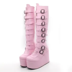 MOMO GOTHIC MARTINA BELT BUCKLE PUNK WEDGED PLATFORM BOOTIES
