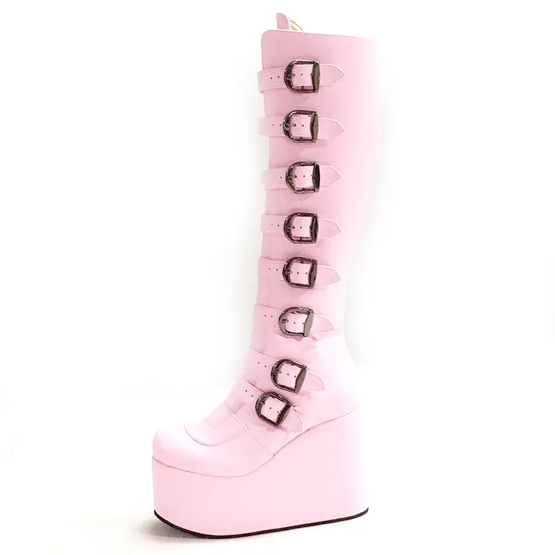 MOMO GOTHIC MARTINA BELT BUCKLE PUNK WEDGED PLATFORM BOOTIES